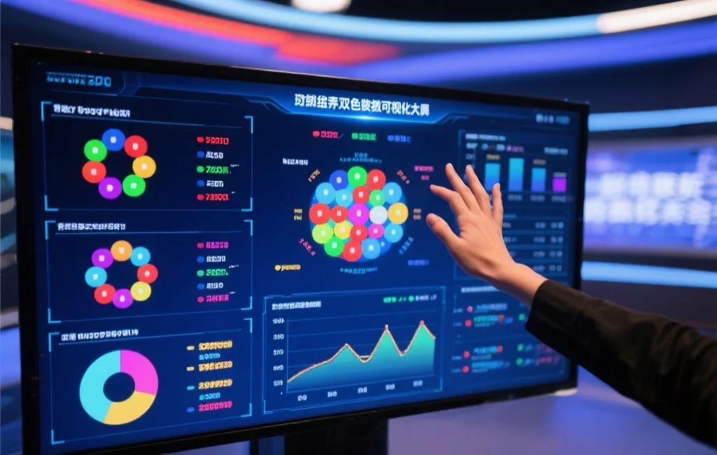 交互式双色球数据可视化大屏，显示多种彩球分布和趋势图表，用户正在用手势操作屏幕